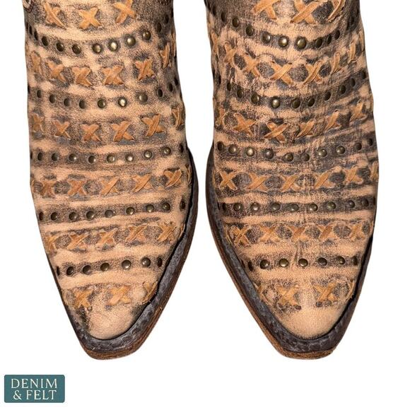 Liberty Black Vintage Canela Studded Leather Boots Brown Distressed Booties - Picture 3 of 16